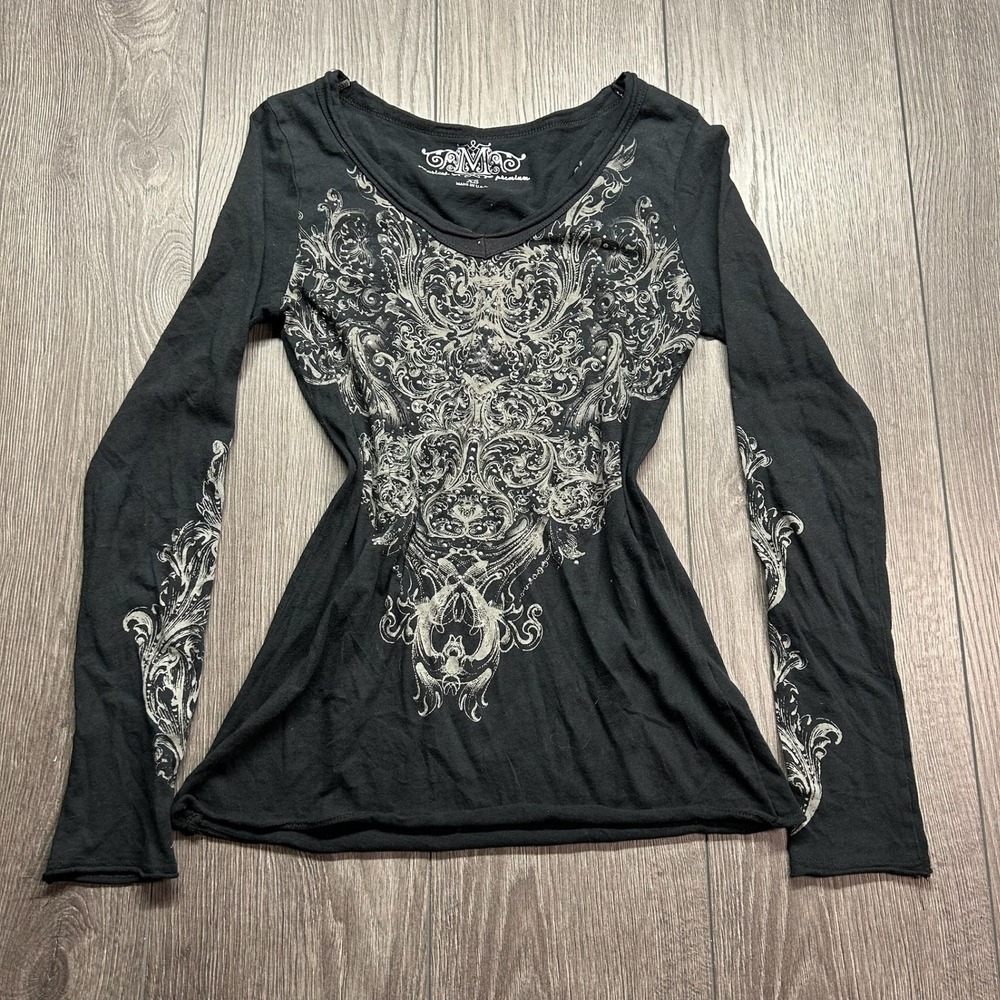 Maurices Premium Y2K Gothic Graphic XS Top Black Silver Foil Rhinestone XS